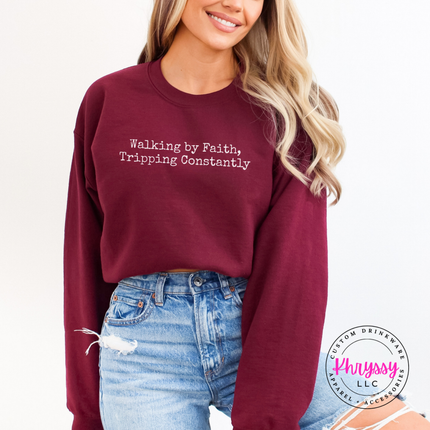 Close-up of relatable faith humor lettering on a heavyweight fleece crewneck.
