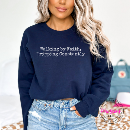 Faith humor crewneck styled with leggings for a cozy fall errand-run look.