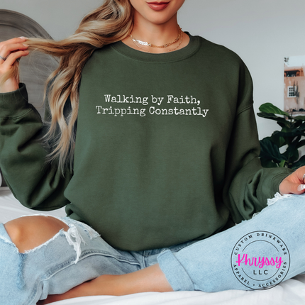 Military Green crewneck sweatshirt with the tripping constantly faith humor typewriter text
