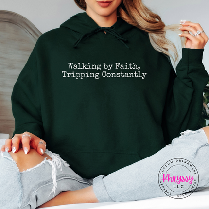 Forest hoodie with the relatable walking by faith Christian graphic