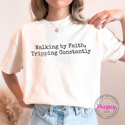 Ivory tee with the tripping constantly faith humor typewriter text