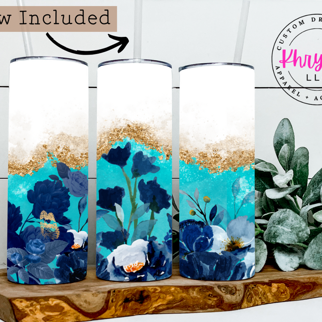 Enchanting Blooms Aqua and Blue Faux Glitter Floral 20oz Tumbler with Straw