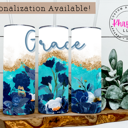 Enchanting Blooms Aqua and Blue Faux Glitter Floral 20oz Tumbler with Straw