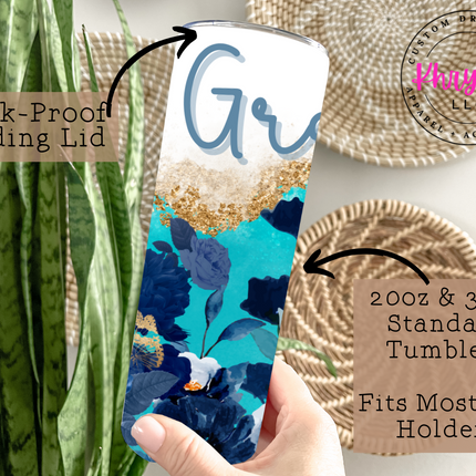 Enchanting Blooms Aqua and Blue Faux Glitter Floral 20oz Tumbler with Straw