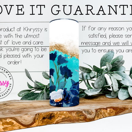 Enchanting Blooms Aqua and Blue Faux Glitter Floral 20oz Tumbler with Straw