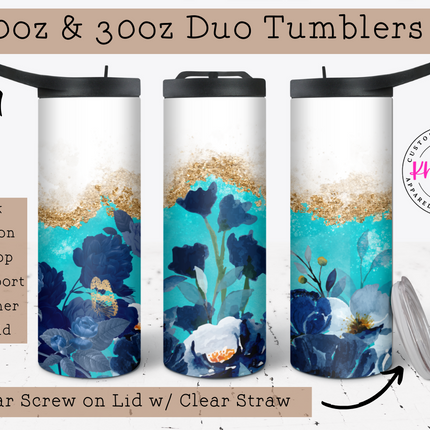 Enchanting Blooms Aqua and Blue Faux Glitter Floral 20oz Tumbler with Straw