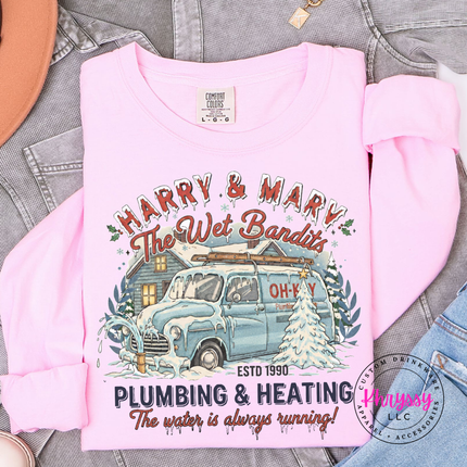 Blossom long sleeve tee with a retro plumbing and heating badge and snowy van.