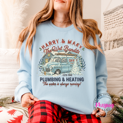 Light Blue heavyweight crewneck sweatshirt showing a vintage van, cozy cabin, and funny tagline.