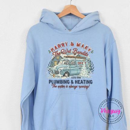 Light Blue heavyweight hoodie showing a vintage van, cozy cabin, and funny tagline.