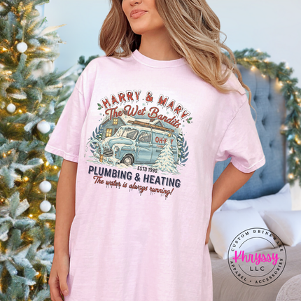 Blossom Comfort Colors tee with a retro plumbing and heating badge and snowy van.