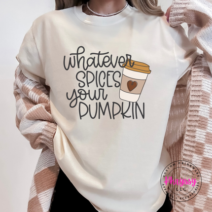 Ivory tee with the Whatever Spices Your Pumpkin coffee graphic