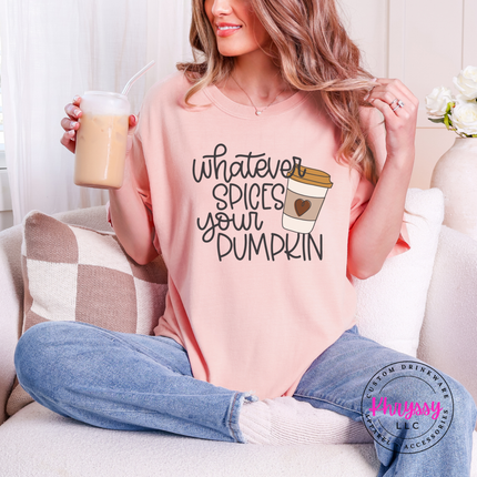 Peachy colored tee featuring a cozy illustrated coffee cup graphic.