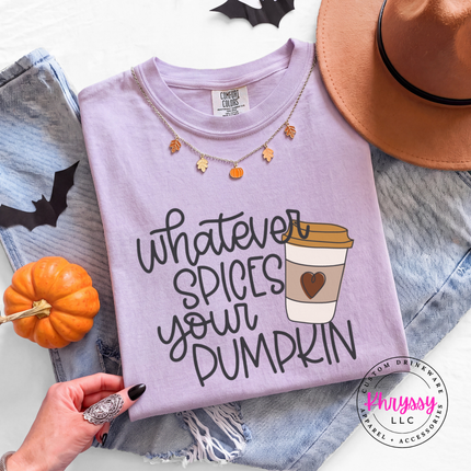 Orchid tee with the pumpkin spice coffee cup lettering print