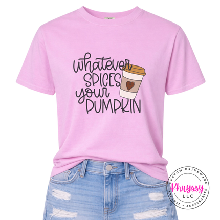 Rose quartz tee with a hand-lettered Whatever Spices Your Pumpkin script.