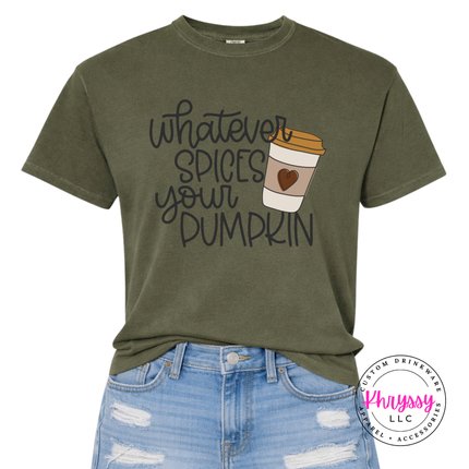 Sage tee with the Whatever Spices Your Pumpkin coffee graphic