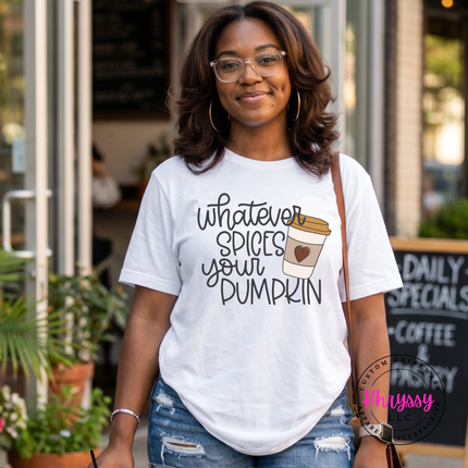 White graphic tee featuring a playful fall coffee cup illustration.