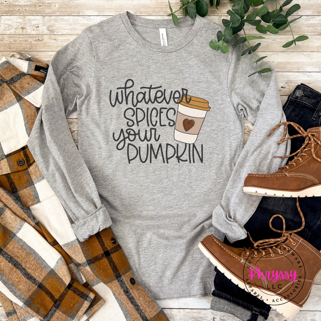 Athletic Heather tee with a Whatever Spices Your Pumpkin design.