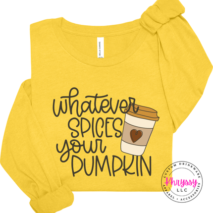 Heather Yellow Gold long sleeve tee with the pumpkin spice coffee cup lettering print