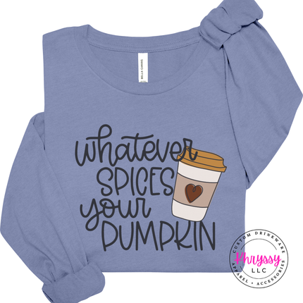 Lavender Blue long sleeve tee with the fall coffee lover script graphic