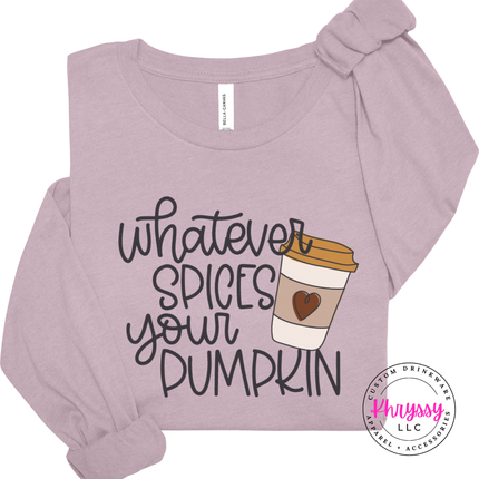Light Violet long sleeve tee with the Whatever Spices Your Pumpkin coffee graphic