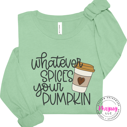 Mint long sleeve tee with the pumpkin spice coffee cup lettering print