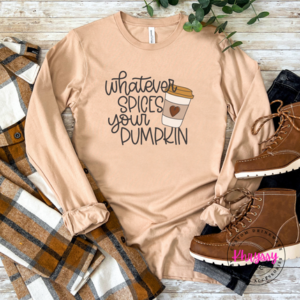 Sand Dune long sleeve tee with the funny whatever spices your pumpkin latte design