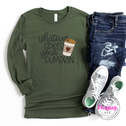 Military Green tee styled for fall, featuring a coffee cup illustration.