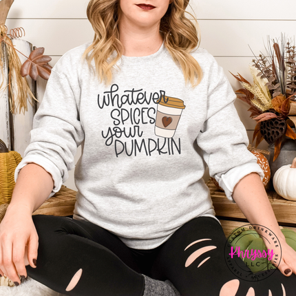 Woman wearing an Ash crewneck sweatshirt with a coffee cup design.