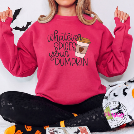 Heliconia crewneck sweatshirt with the pumpkin spice coffee cup lettering print