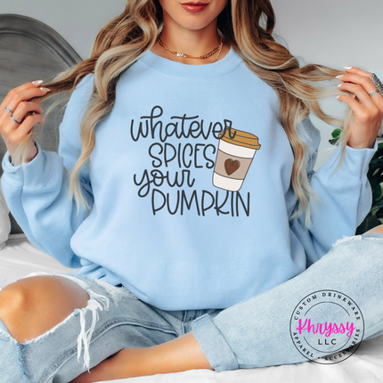 Light Blue crewneck sweatshirt with the fall coffee lover script graphic
