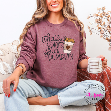 Heather dark maroon crewneck sweatshirt with a hand-lettered pumpkin design.