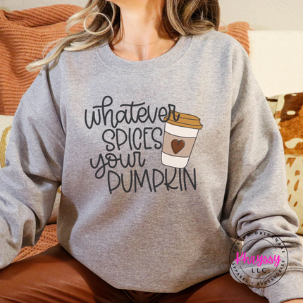 Sport Grey crewneck sweatshirt with the Whatever Spices Your Pumpkin coffee graphic
