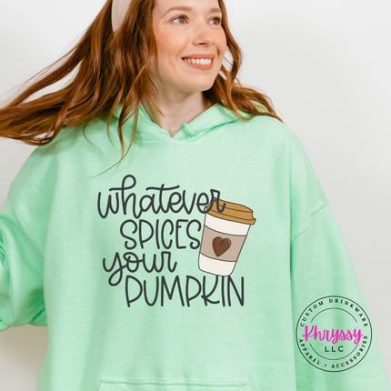 Mint Green colored hoodie featuring a cozy fall coffee cup illustration.