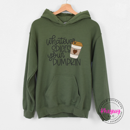 Military Green pullover hoodie with a coffee cup design.