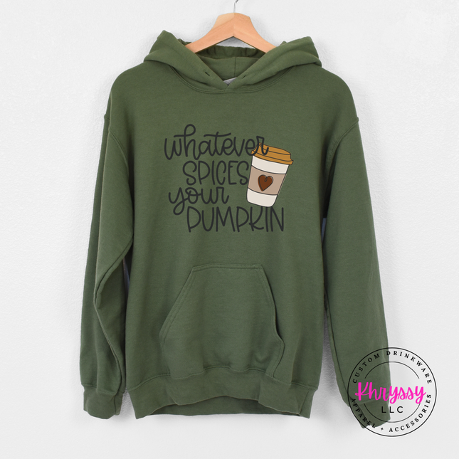 Military Green pullover hoodie with a coffee cup design.