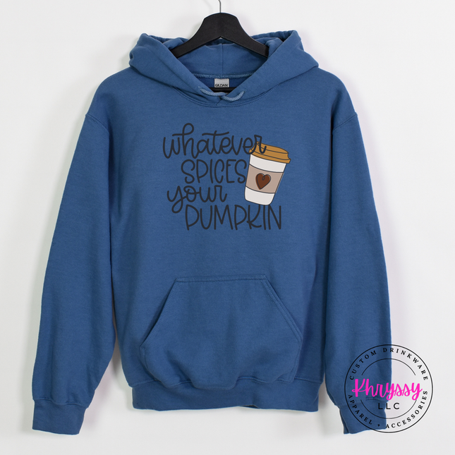 Indigo Blue hoodie featuring a Whatever Spices Your Pumpkin script illustration.