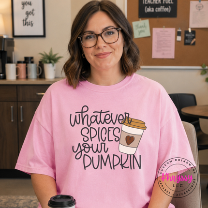 Woman wearing a Blossom tee with the Whatever Spices Your Pumpkin coffee graphic