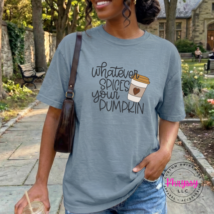 Ice Blue tee with the fall coffee lover script graphic