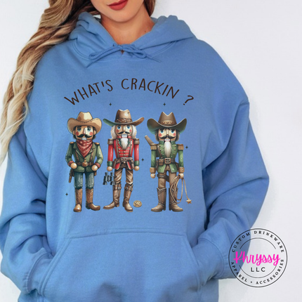 Close up of the cowboy nutcracker art on a Carolina Blue hoodie.