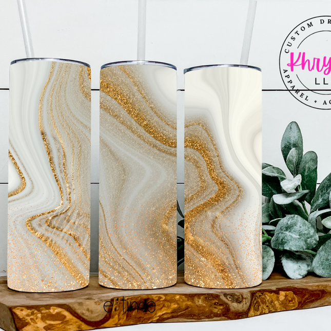 White and Gold Marble 20oz Tumbler with Straw