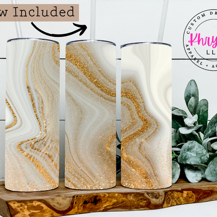 White and Gold Marble 20oz Tumbler with Straw