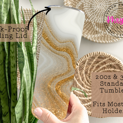 White and Gold Marble 20oz Tumbler with Straw