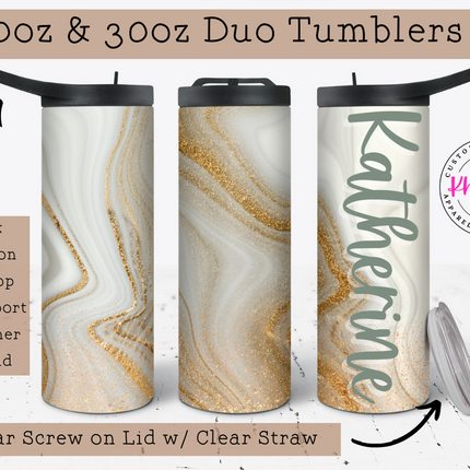 White and Gold Marble 20oz Tumbler with Straw