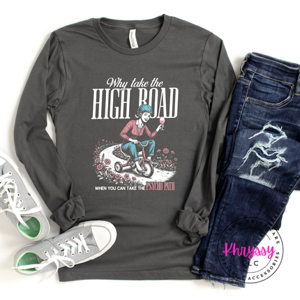 Gray long-sleeve shirt with graphic design and jeans on a white background