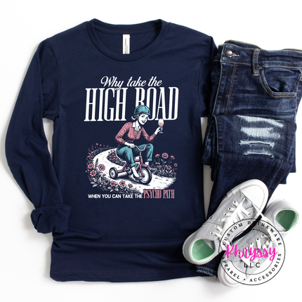 Navy blue long-sleeve shirt with graphic design and jeans on a white background