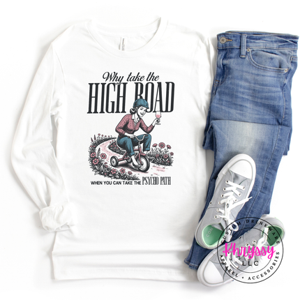 White long-sleeve shirt with graphic design and jeans and sneakers on a white background