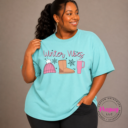Woman wearing the Winter Vibes tee in Chalky Mint.