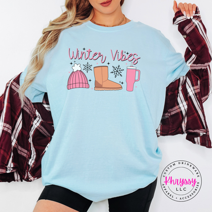 Chambray tee featuring winter essentials with snowflakes and sparkles.