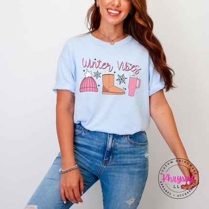 Hydrangea tee with Winter Vibes script, beanie, boot and tumbler.