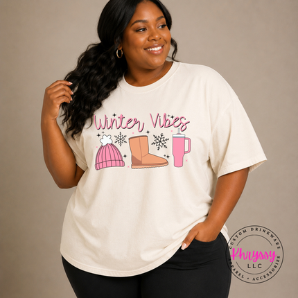 Woman wearing the Winter Vibes tee in Ivory.